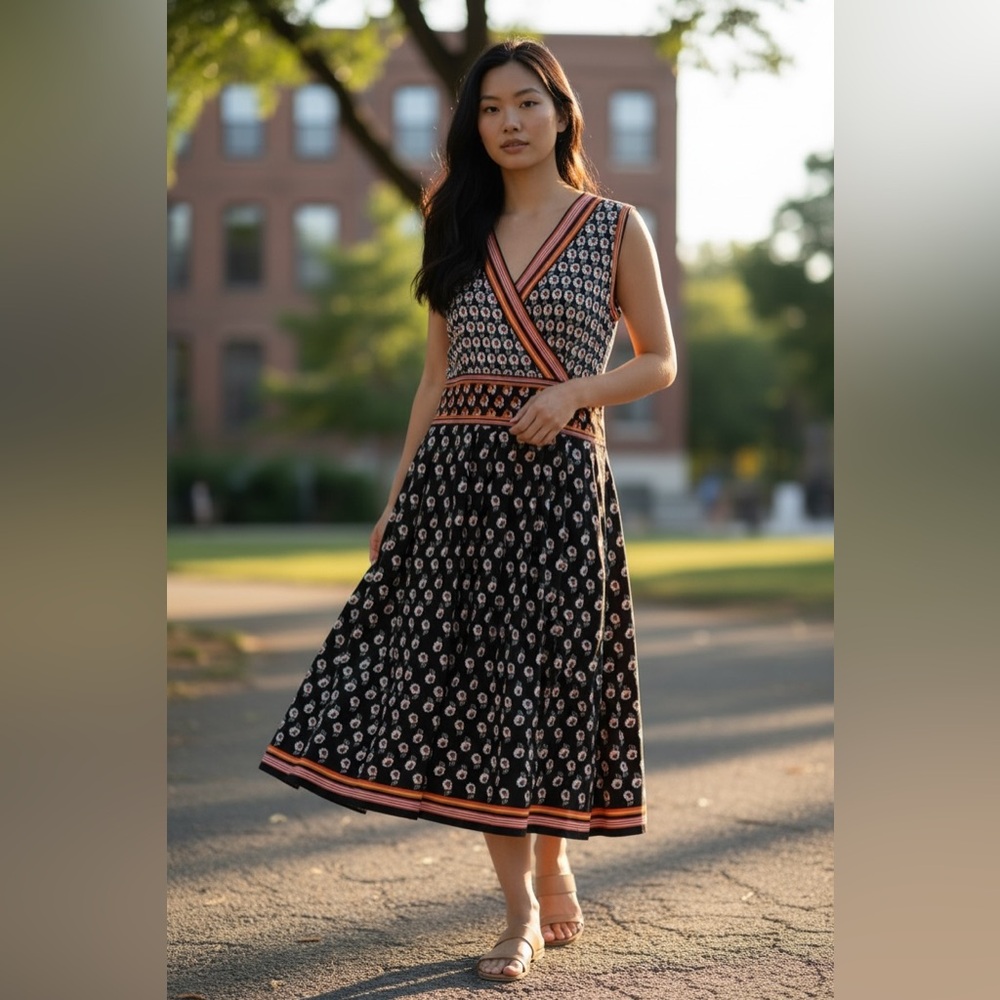 Max Studio Black Midi Dress with Peach Trim